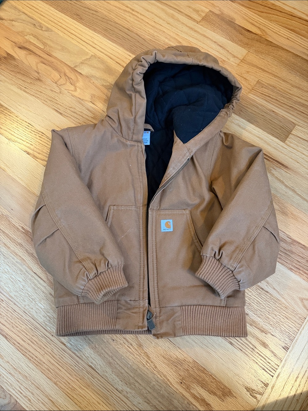Kids Carhartt Tan Hooded Canvas Jacket with Black Lining-EUC